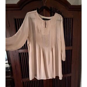 Splash Beaded Front Blouse Size 16 Long Sleeve Blush Beige Silk Tunic
